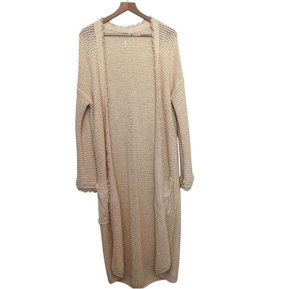 Free People L Wouldn't Knit Be Nice LongLine Ivory open front Cardigan - Picture 2 of 11